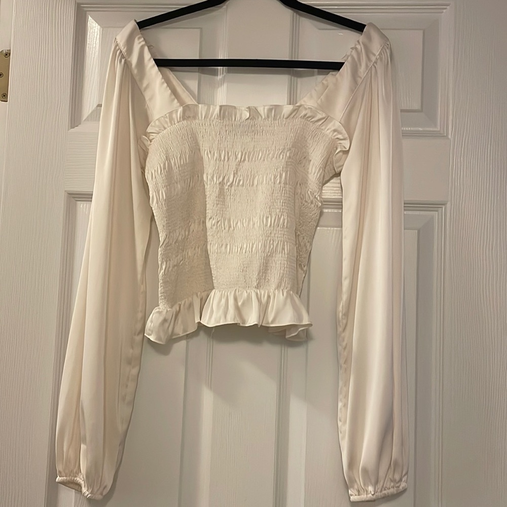Cream DO + BE Long Sleeve Smocked Blouse